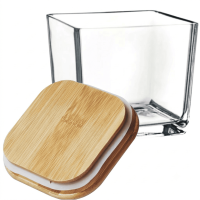 Pote de Vidro Quadrado Cristal 120ml Com Tampa de Madeira
