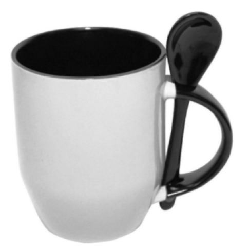 Caneca Cer. 325ml Branca C/ Colher Interna Alça Preta Cônica P/ Sublimaçao