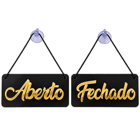 Placa Aberto - Fechado Acrilico 10x20 Preto C/Dourado