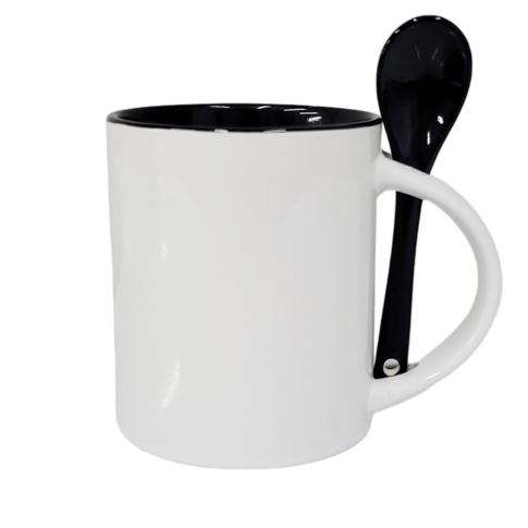Caneca Cer. 325ml Branca C/ Colher Interna Preta Reta P/ Sublimaçao Caneca Cer. 325ml Branca C/ Colher Interna Preta Reta P/ Sublimaçao
