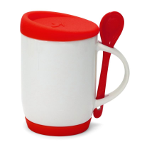 Caneca Cer. 325ml Branco Alça Soft Base/Tampa Silicone Interno Vermelha