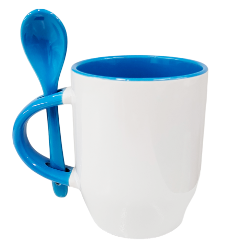 Caneca Cer. 325ml Branca C/ Colher Interna Alça Az. Claro Importada Caneca Cer. 325ml Branca C/ Colher Interna Alça Az. Claro Importada