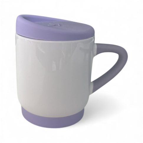 Caneca Cer. 400ml Branco Alça Soft Base/Tampa Silicone Interno Lilas