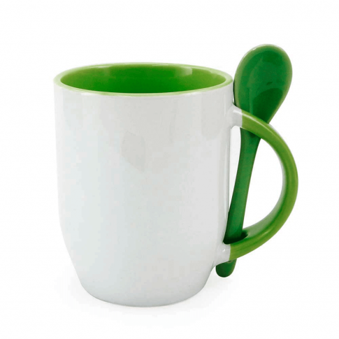 Caneca Cer. 325ml Branca C/ Colher Interna Alça Verde P/ Sublimaçao Caneca Cer. 325ml Branca C/ Colher Interna Alça Verde P/ Sublimaçao