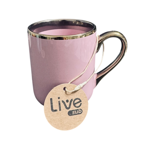 Caneca Cer. 325ml Rosa Imperial C/ Alça e Borda Cromada dourada Live