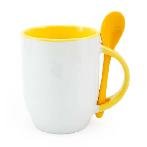 Caneca Cer. 325ml Branca C/ Colher Interna Alça Amarela Importada P/ Sublimaçao Caneca Cer. 325ml Branca C/ Colher Interna Alça Amarela Importada P/ Sublimaçao